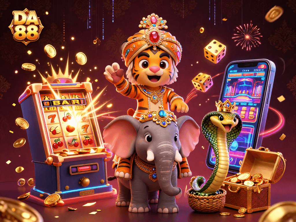 Experience the thrill of DA 88 with vibrant winning symbols and characters in an engaging casino scene.
