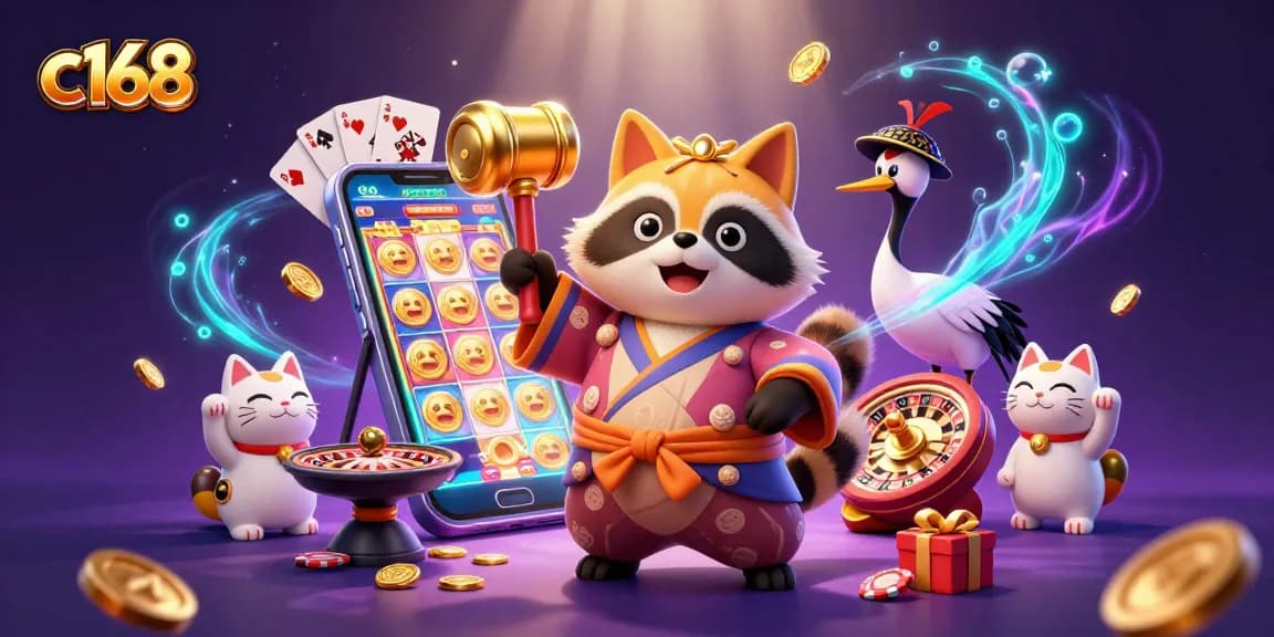 Spin the reels at c168 with cheerful tanuki and lucky cats in vibrant casino illustration.