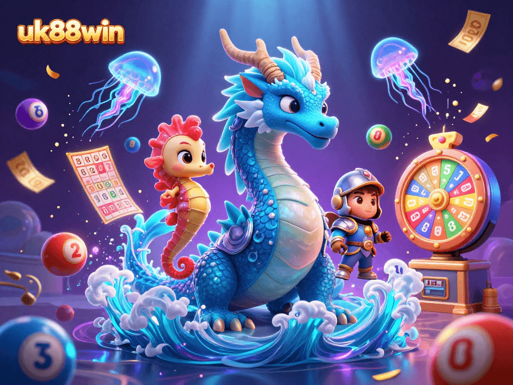 Engage with the vibrant world of uk88win, featuring a water dragon among bingo and lottery elements.