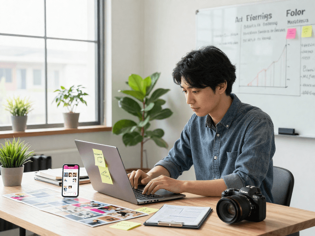 インスタグラム 日本人 フォロワー 購入の戦略を分析する若い起業家のいる明るいコワーキングスペースのシーン