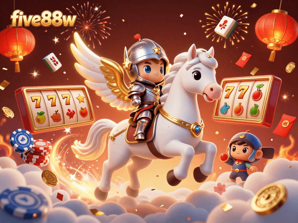 Engage in thrilling casino action with five88w's vibrant 3D illustration featuring a celestial horse and lucky game elements.