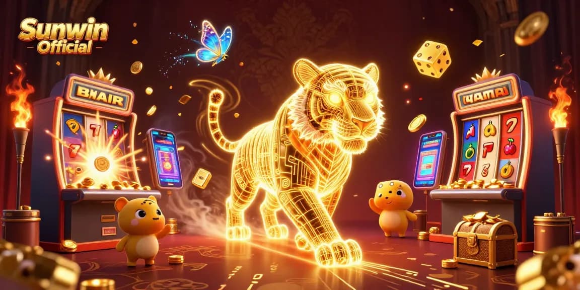 Engage in thrilling gameplay at Sunwin Official with a dazzling golden tiger and vibrant casino elements