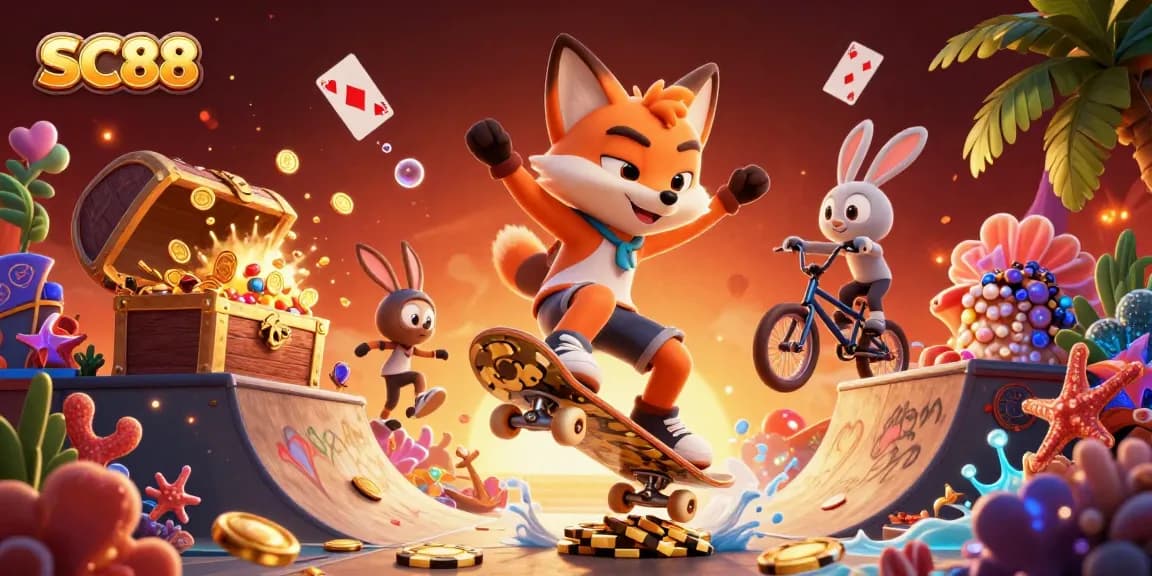 Experience SC88's vibrant casino excitement with dynamic characters and gold treasure
