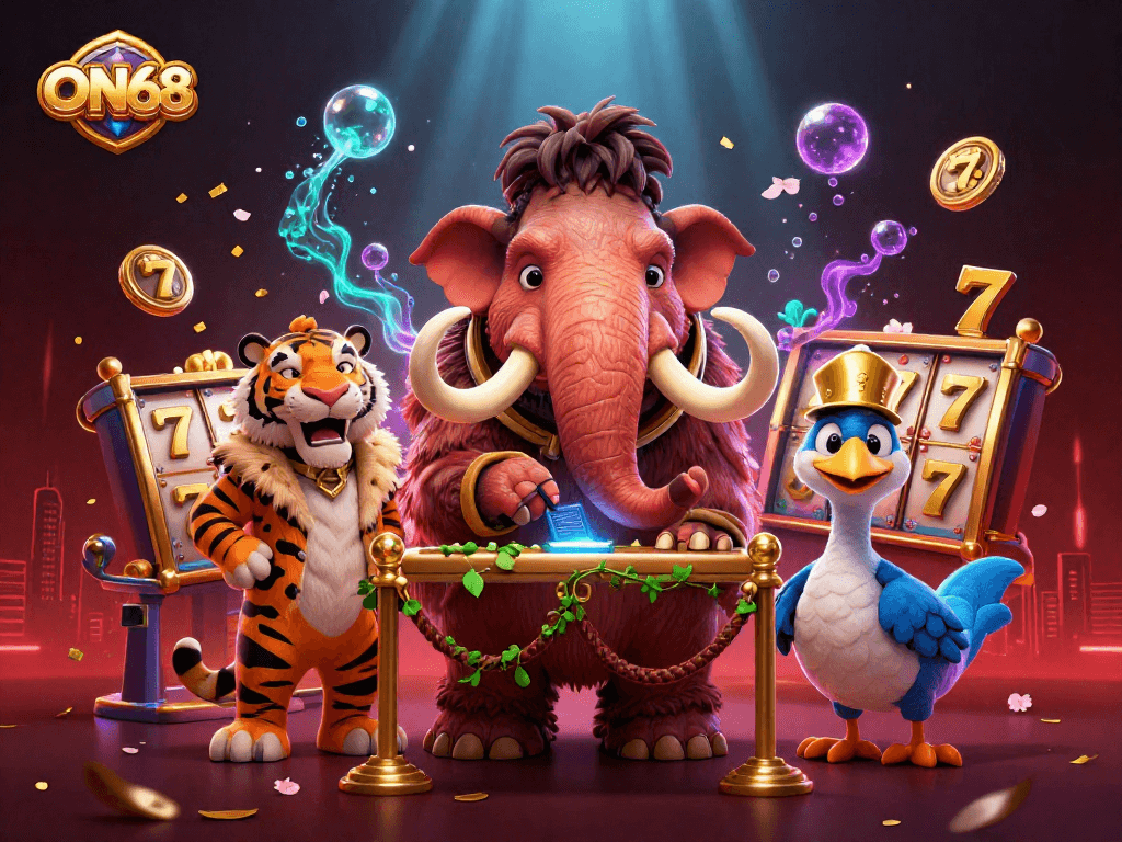 Engage with ON68's vibrant casino atmosphere featuring a woolly mammoth bouncer, saber-tooth guest, and dynamic gaming elements.