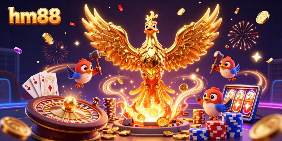 Experience thrilling gameplay at hm88 with a dynamic 3D casino illustration featuring golden phoenix and poker elements.