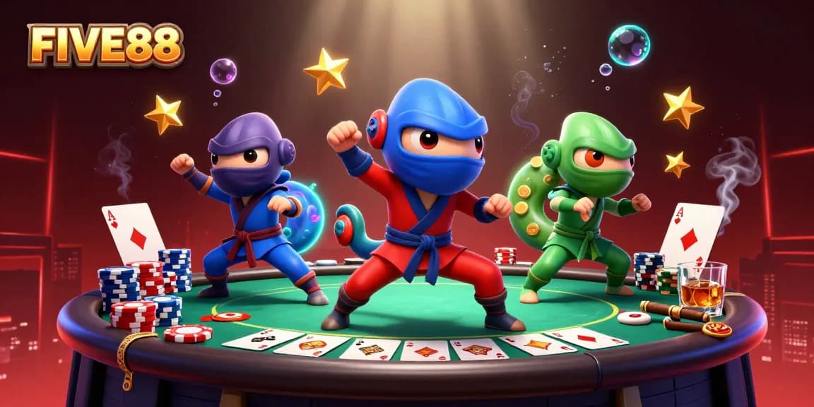 FIVE88 showcases a dynamic scene featuring vibrant chameleon ninjas amidst poker elements.