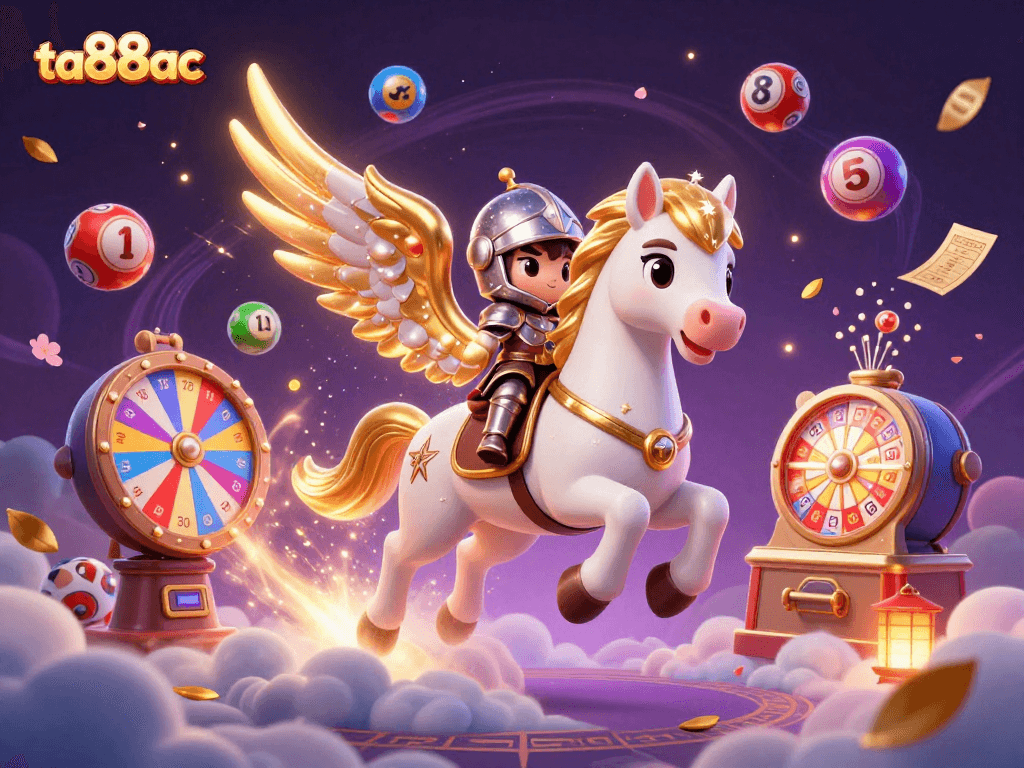 Engage with ta88ac's vibrant lottery scene featuring a celestial horse, knight, and dynamic game elements.