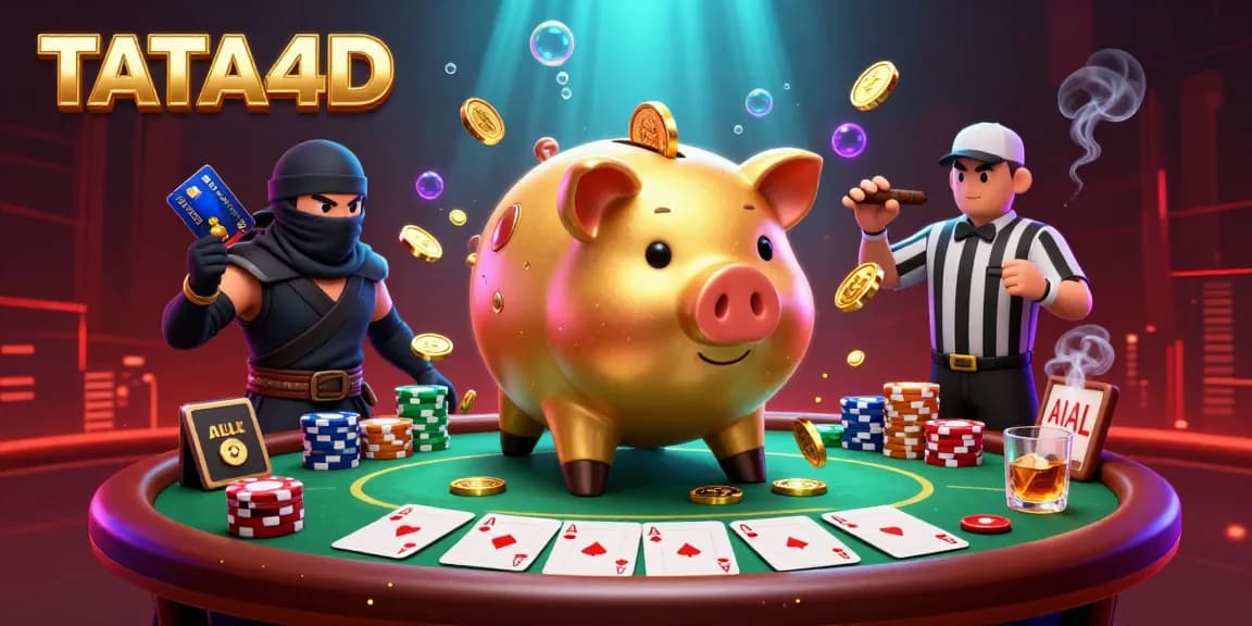 TATA4D illustrates a piggy bank sumo wrestler champion engaging in a lively poker game scene.