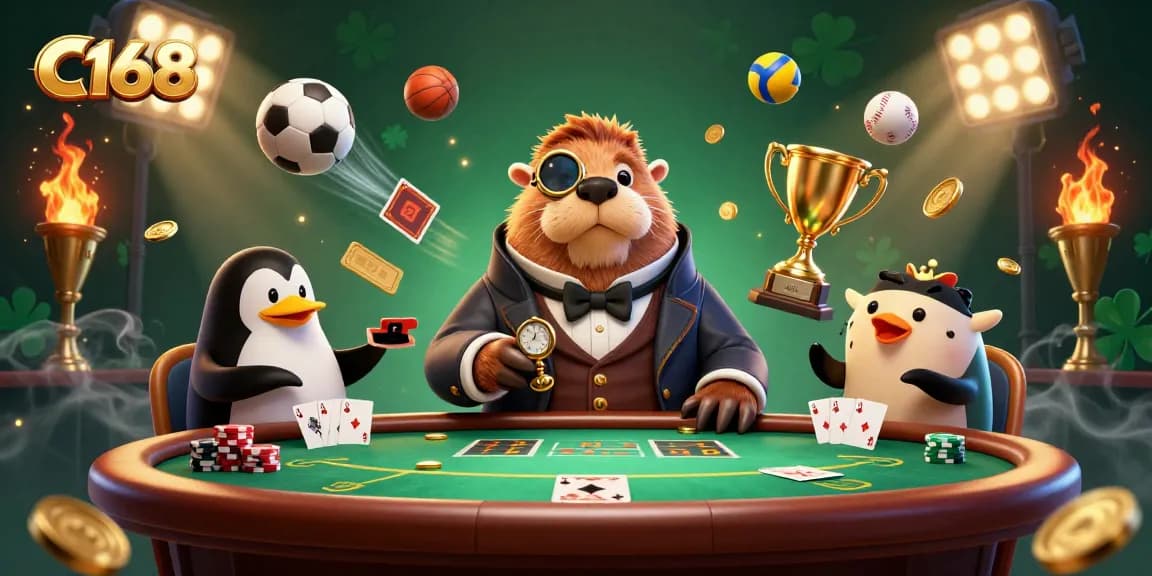 C168 showcases a jolly walrus and friends at an engaging poker table, blending poker with vibrant sports elements.