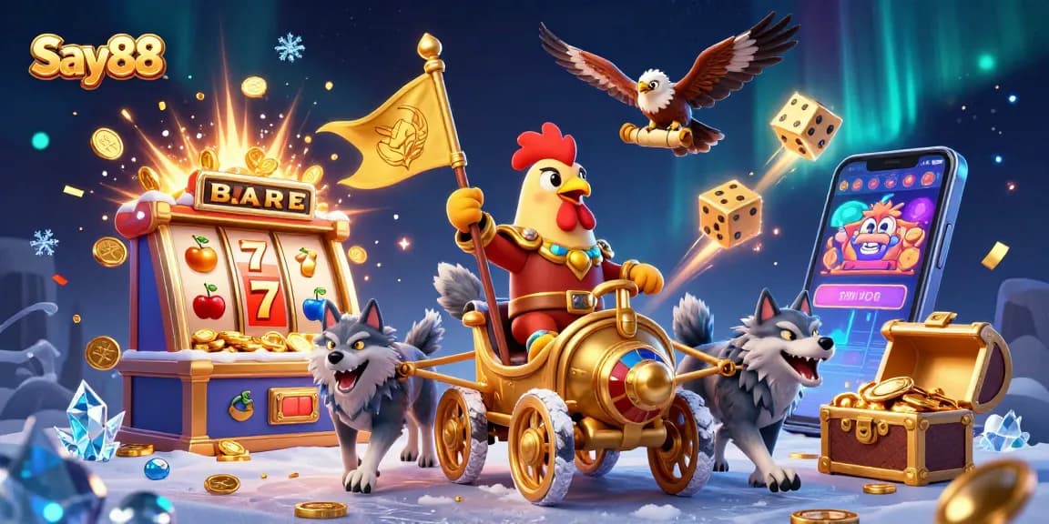 Experience thrilling action at Say88 with a dynamic 3D illustration showcasing a casino adventure.