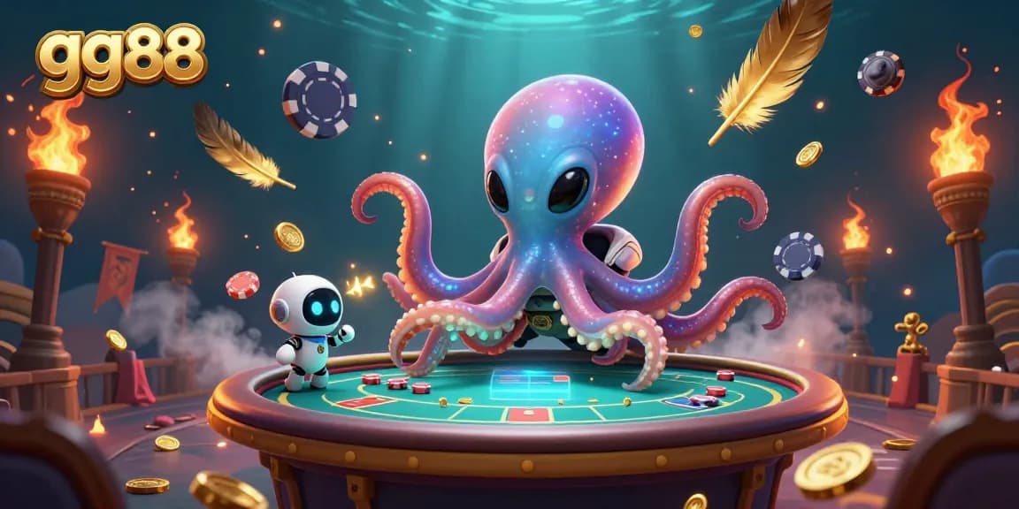 Engage with gg88's vibrant 3D scene featuring an alien octopus at a holographic poker table surrounded by gold coins.