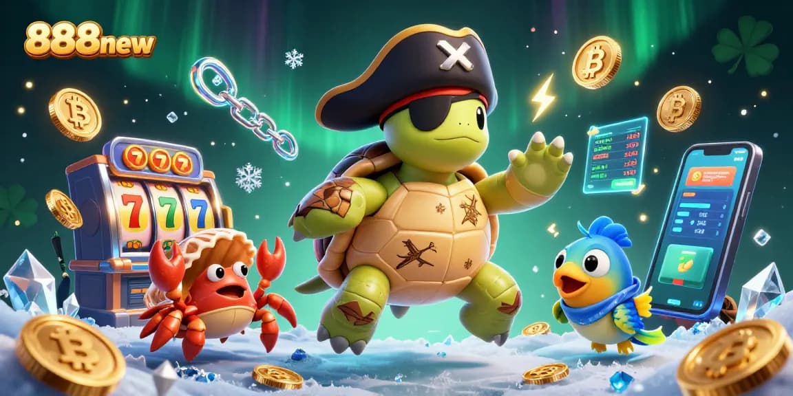 Spin and win at 888new as a pirate turtle and friends uncover treasures in a vibrant casino.