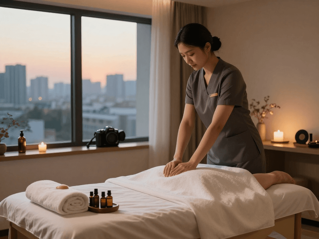 Experience 출장안마 in a relaxing hotel room environment with professional massage setup.