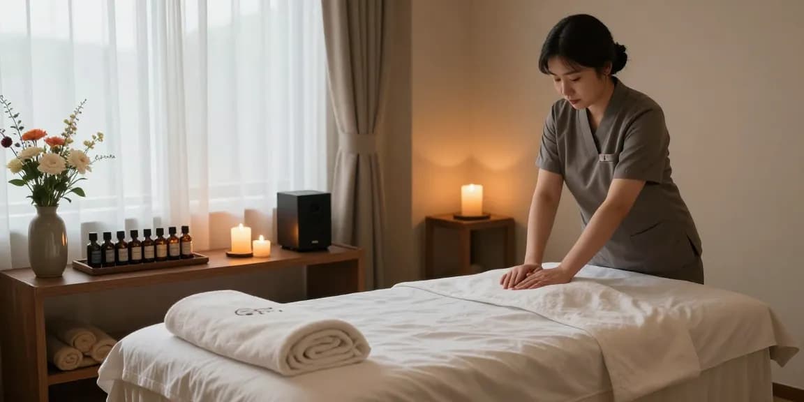 대구마사지 전문 스파에서 편안한 마사지 공간의 모습, 아로마 오일과 촛불로 아늑한 분위기를 연출.