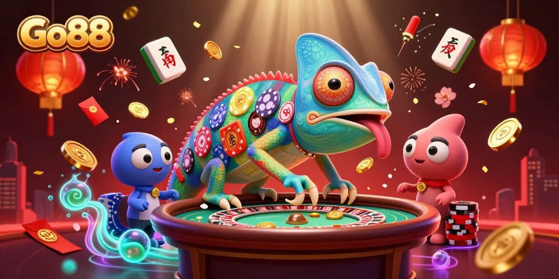 Experience thrilling gameplay at Go88 with vibrant casino elements featuring a chameleon as the casino owner.