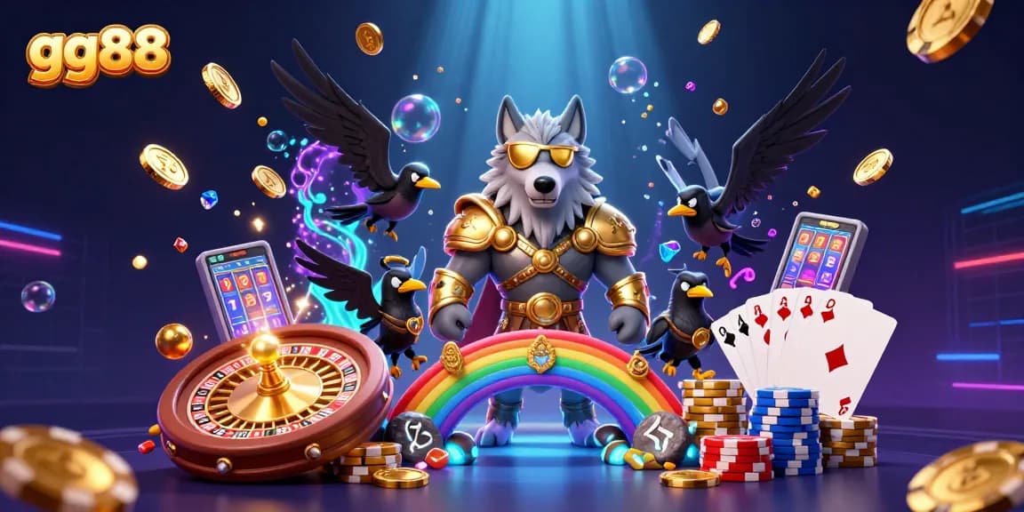 Engage in thrilling gameplay at GG88, featuring a vivid illustration of a Norse wolf and casino elements.