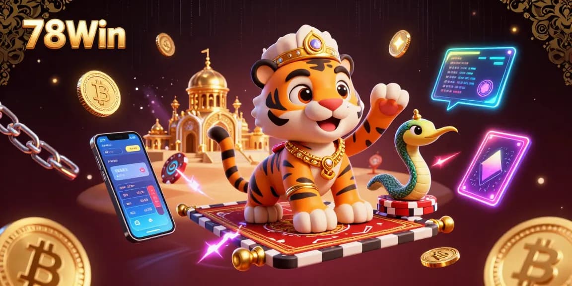Engage with 78Win, featuring an Arabian tiger sultan on a poker chip carpet amidst crypto elements.