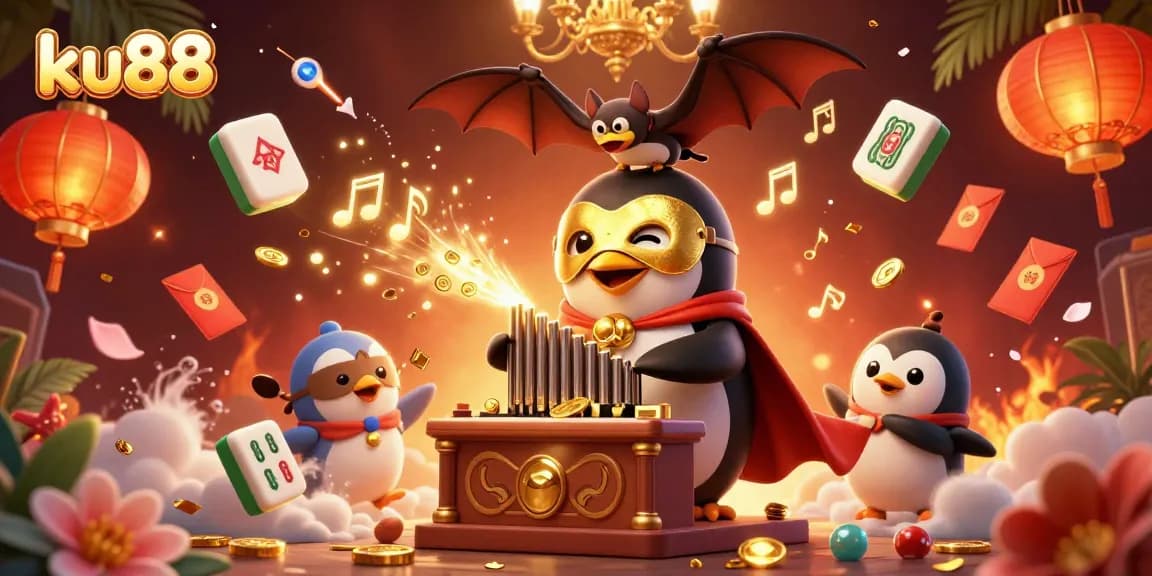Engage with ku88's captivating casino experience with lively golden coins and cartoon characters.