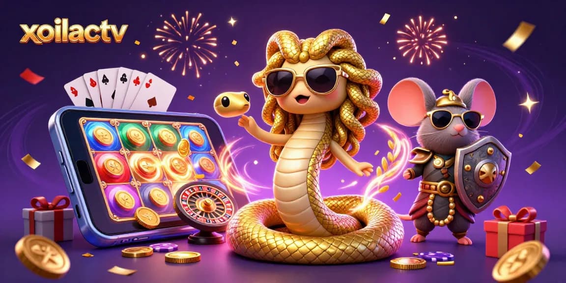 Xoilactv showcases a vibrant scene featuring cartoon Medusa and a warrior mouse amid casino game elements.