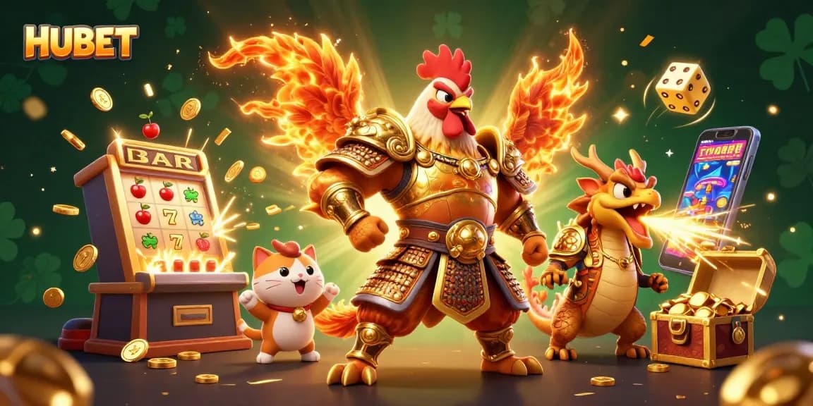 Engage with HUBET's thrilling online gaming world featuring an energetic rooster warrior and a fire-breathing dragon.