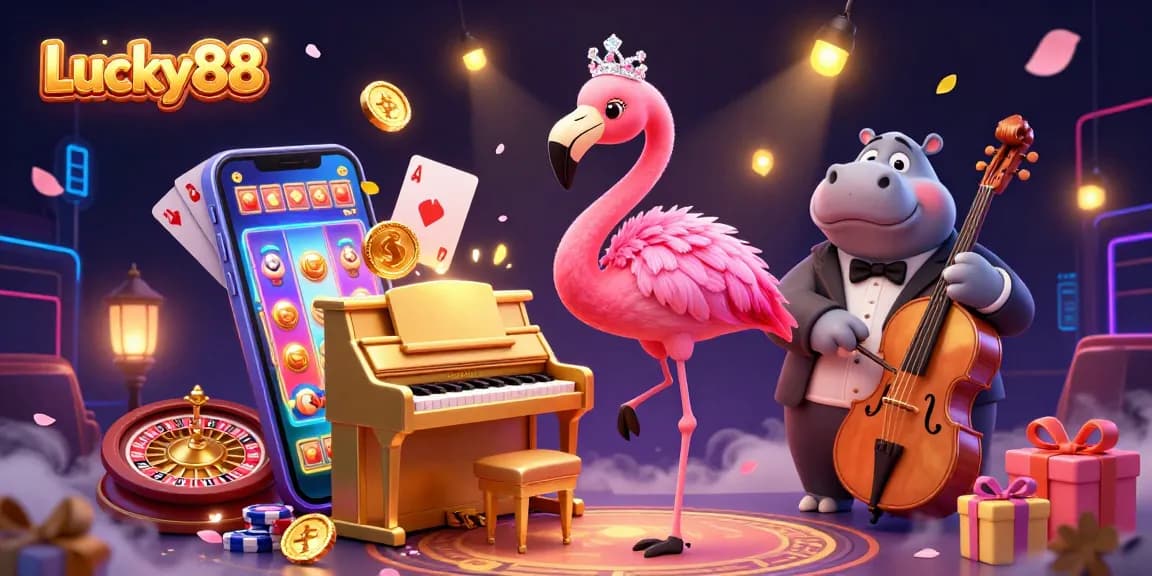 Activate slot games and bonuses at Lucky88 with colorful characters and casino elements!
