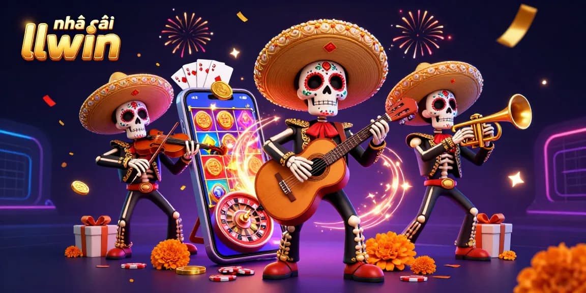 Experience thrilling gaming adventures with Nhà cái llwin as colorful skeletons celebrate with casino elements.
