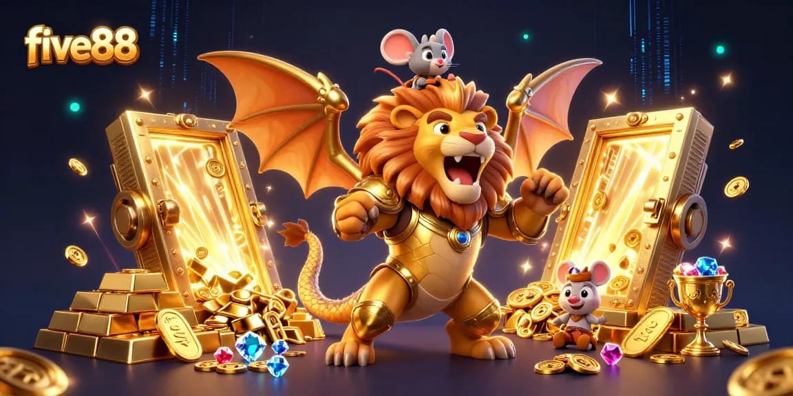 Experience the thrill of five88: a golden chimera guarding treasure with vibrant casino elements.