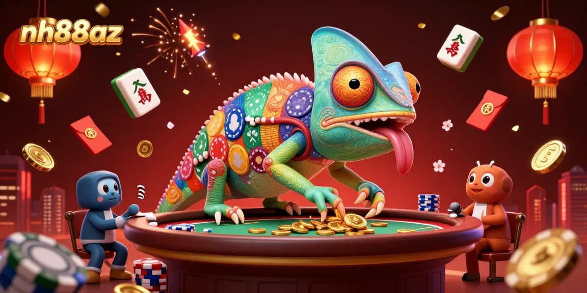 Experience thrilling online gaming action at nh88az with a dynamic chameleon casino owner in a vibrant scene.