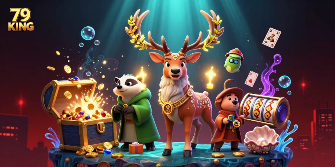 Experience the excitement of 79 KING with a vibrant casino scene featuring whimsical characters and dynamic gaming elements.