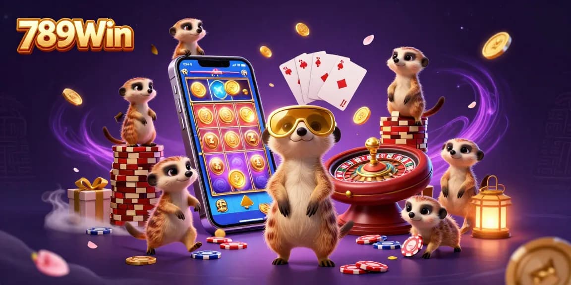 Engage in thrilling slots and casino games with 789Win's dynamic meerkat scene, experiencing vibrant gaming excitement.