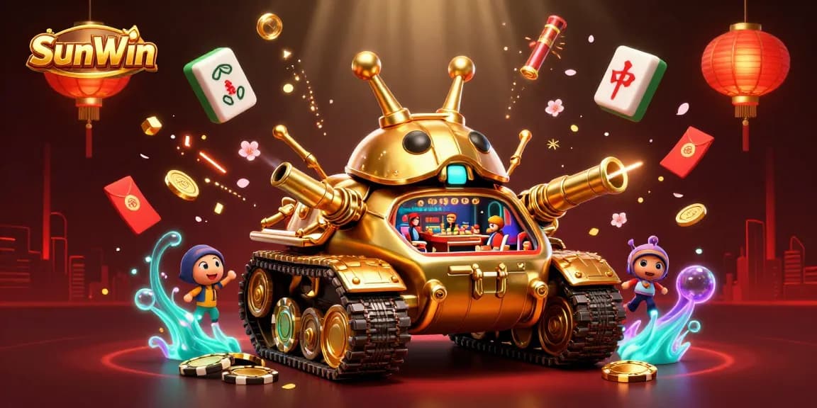 SunWin presents a captivating 3D scene with a golden beetle tank revealing a miniature casino filled with adventure.