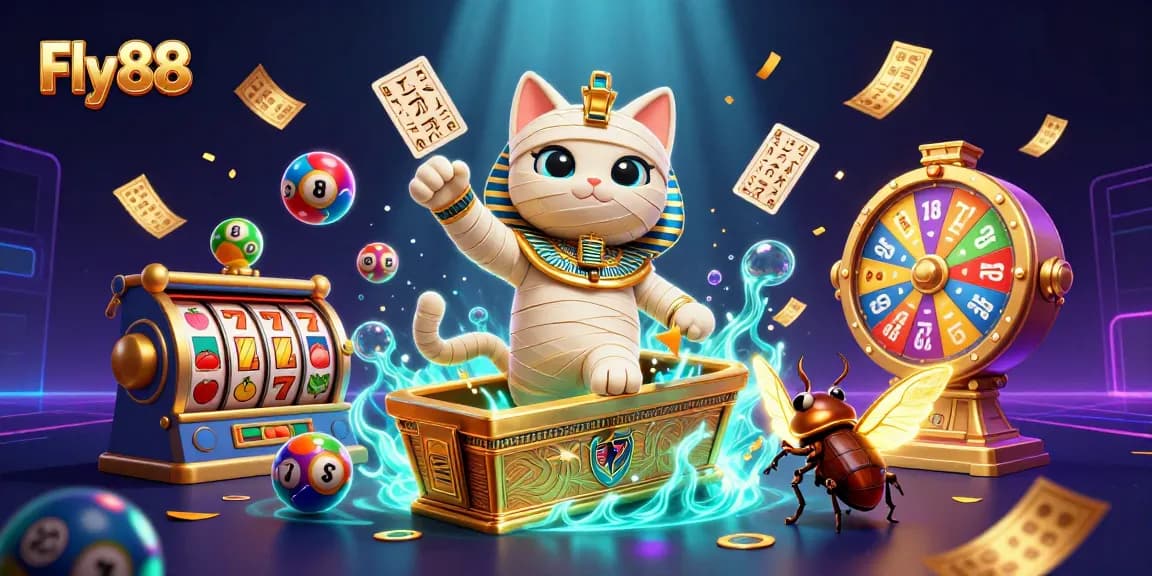 Engage with Fly 88's vibrant gaming paradise featuring a mummy cat and dynamic casino elements.