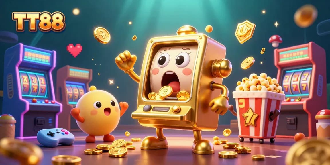 Experience TT88 excitement with a golden slot machine celebrating a jackpot, surrounded by cheering characters and gaming elements.