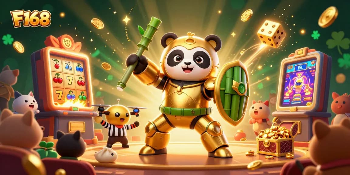 Join the excitement at F168's gaming arena, featuring a golden panda and vibrant casino elements!