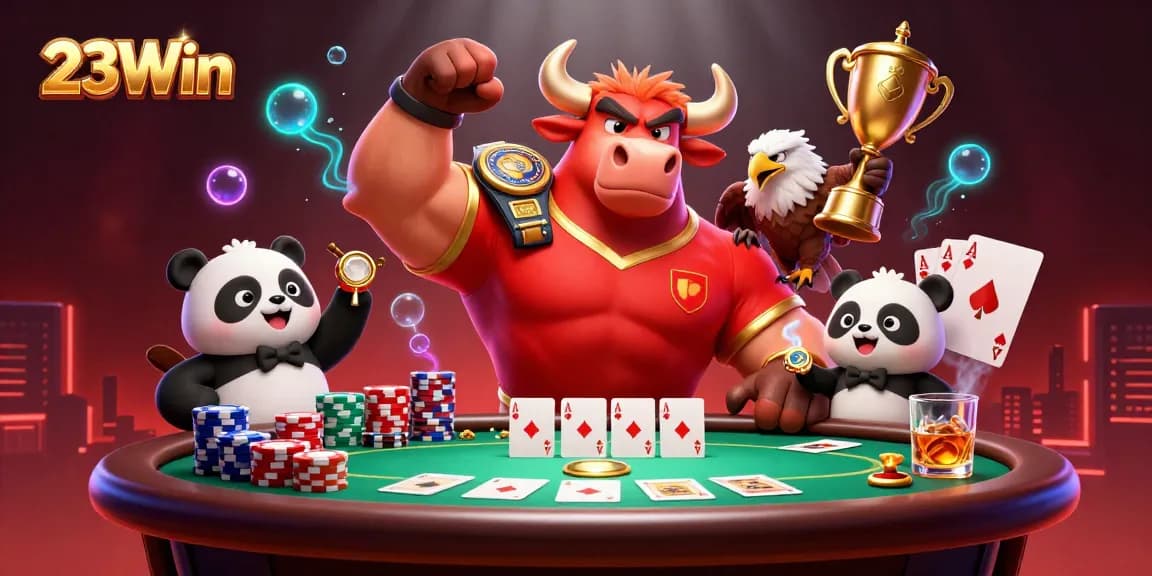 23Win showcases an energetic scene with a cartoon bull, eagle, and panda celebrating at a poker table.
