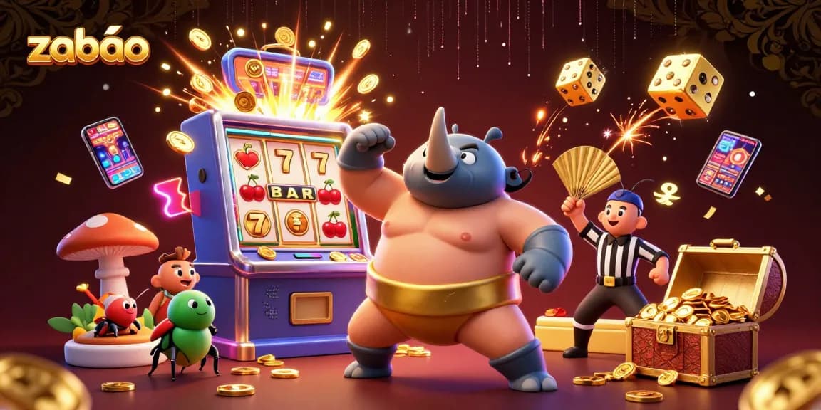 zaobao jackpot scene showing a rhinoceros beetle sumo champion surrounded by flying coins and a slot machine explosion