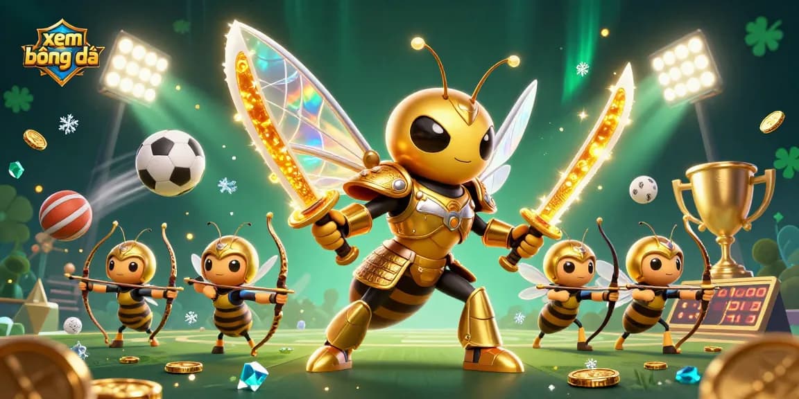 Xem bóng đá with golden hornet samurai and bee archers amidst dynamic sports elements