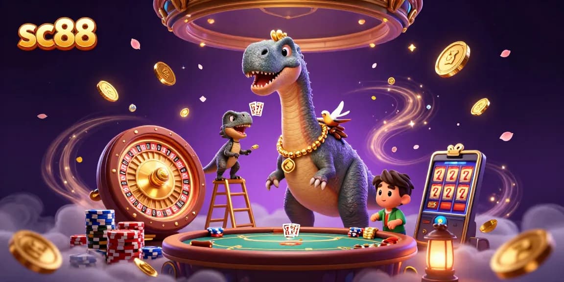sc88 features a whimsical casino scene with a brontosaurus and clever raptor dealing cards