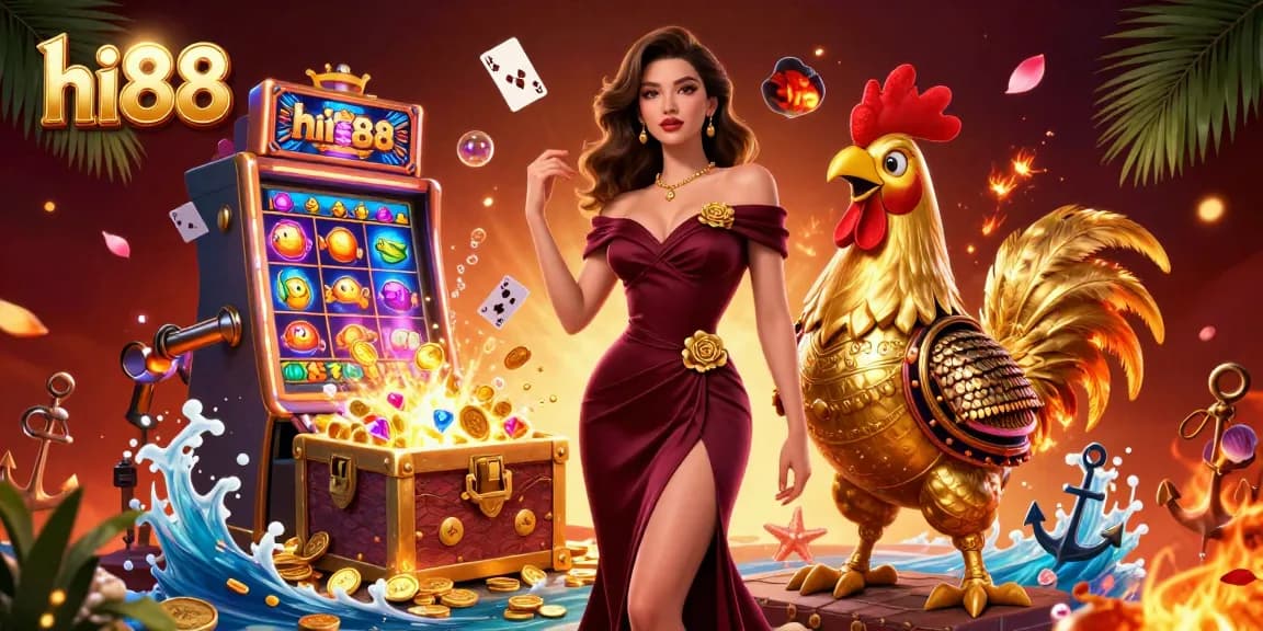 Experience thrilling gambling action with hi88 as a glamorous woman stands beside a golden rooster warrior.