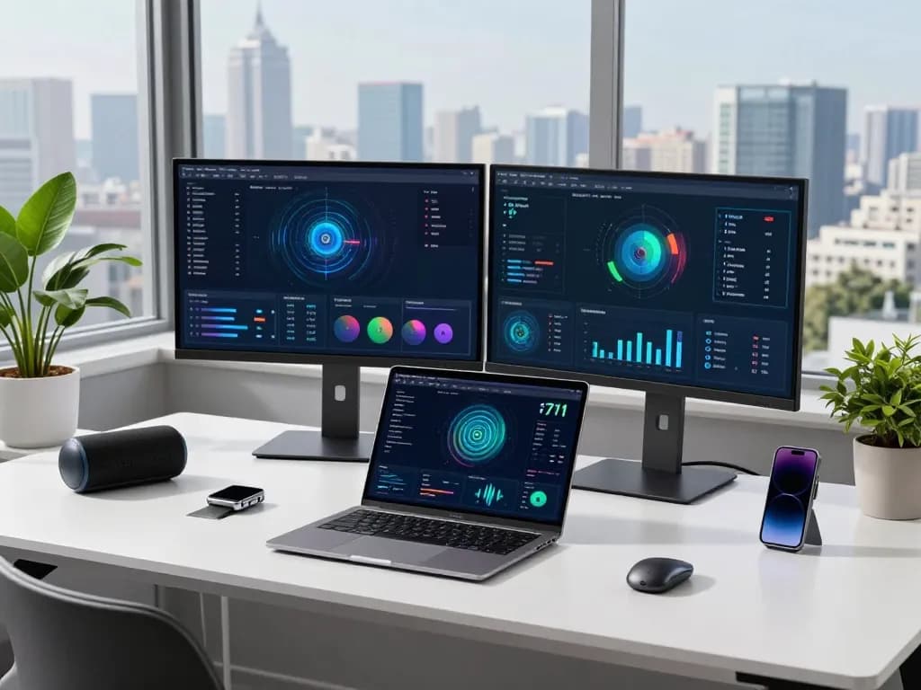 Workspace featuring the latest tech gadgets 2071, including a laptop and Bluetooth speaker.