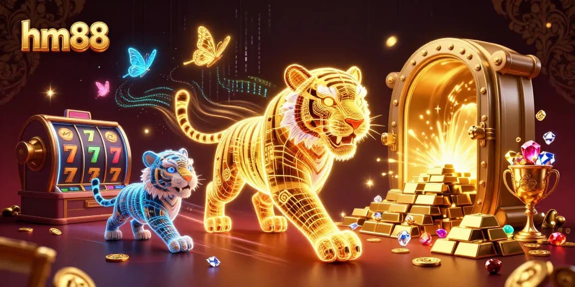 hm88 showcases an exciting casino scene with a golden tiger amidst slot reels and treasure.
