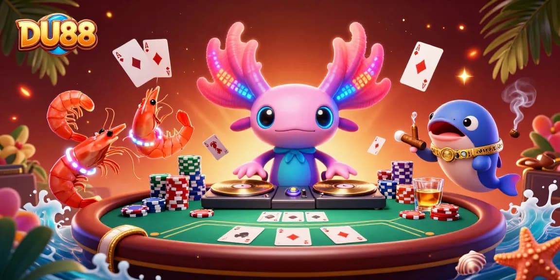 Experience vibrant DU88 casino vibes with a neon axolotl DJ and lively characters spinning poker excitement.