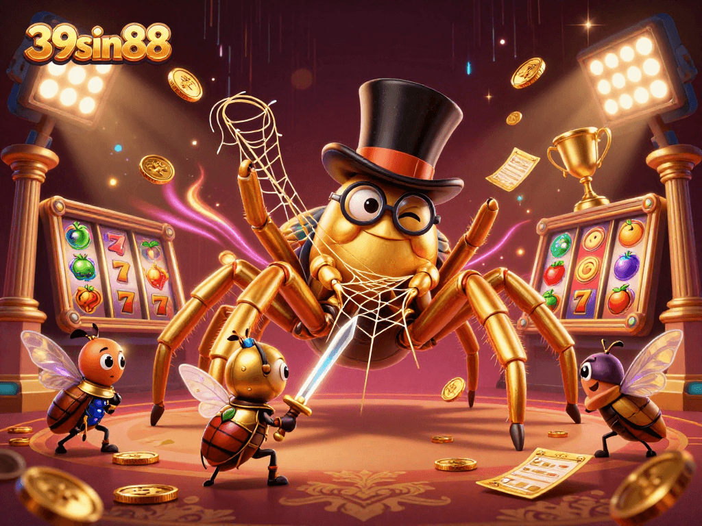 39sin88 showcases an exciting scene with slots, a golden tarantula, and a beetle knight.