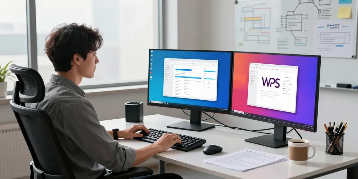 WPS Download showcased in a modern tech workspace with vibrant applications and a developer at work.