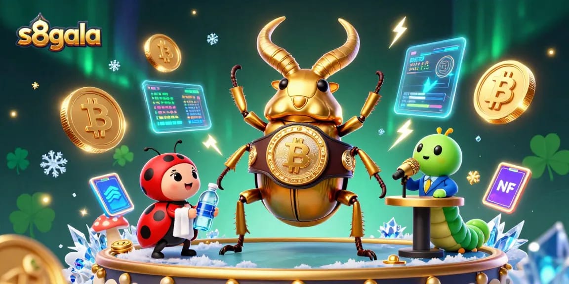 S8gala showcases a dynamic casino scene with crypto-themed characters competing in a vibrant gambling arena.