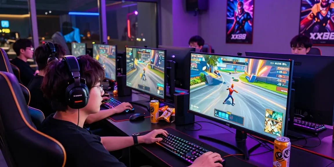 Gaming scene at XX88 with vibrant ambiance showcasing players immersed in multiplayer action.