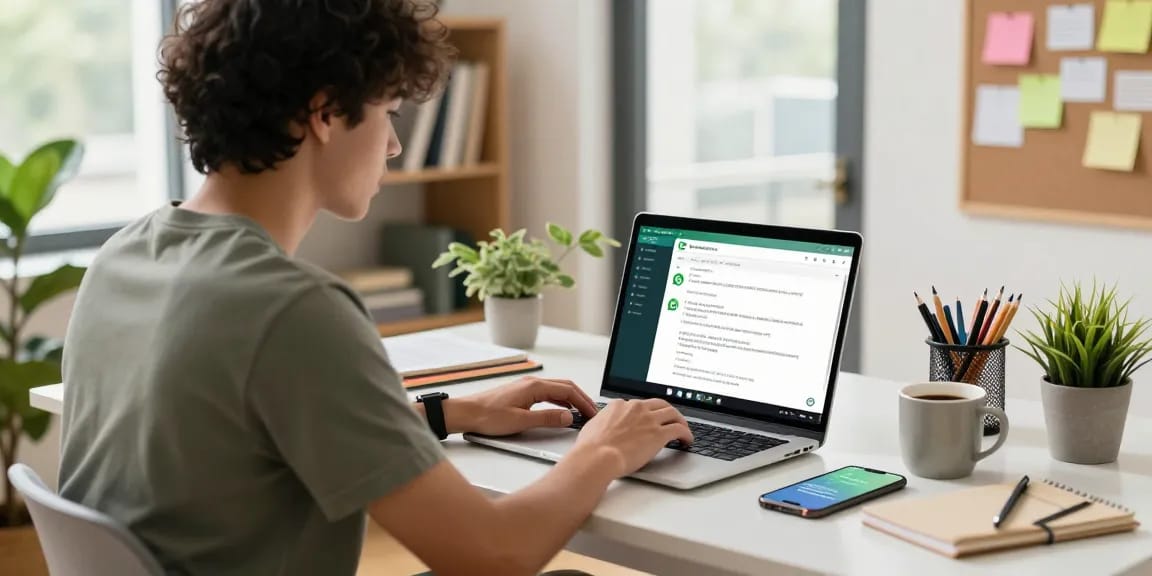 Using WhatsApp網頁版 in a modern home office with a laptop and coffee.