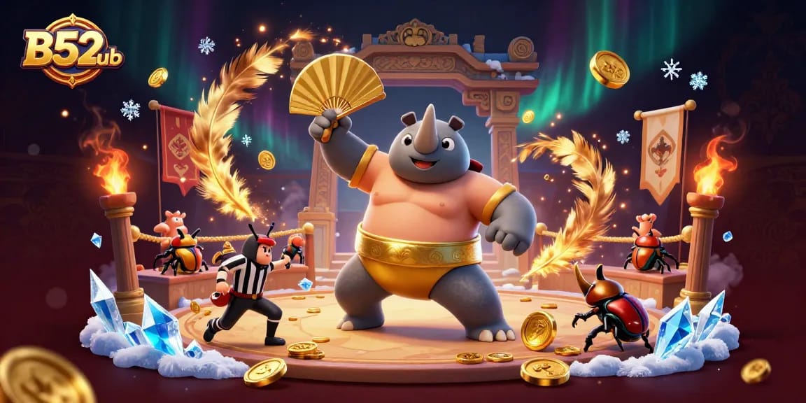 B52club players enjoy memorable winnings in a vibrant cartoon illustration with casino elements.