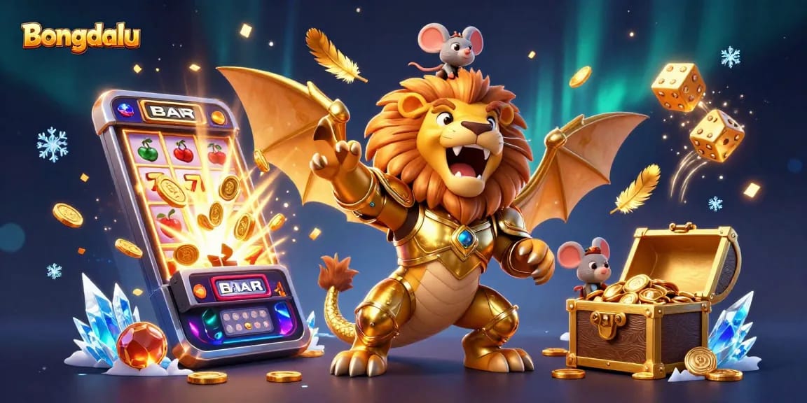 Bongdalu unleashes a dynamic slot jackpot scene with a roaring chimera and mouse jockey amidst coins and gaming symbols.