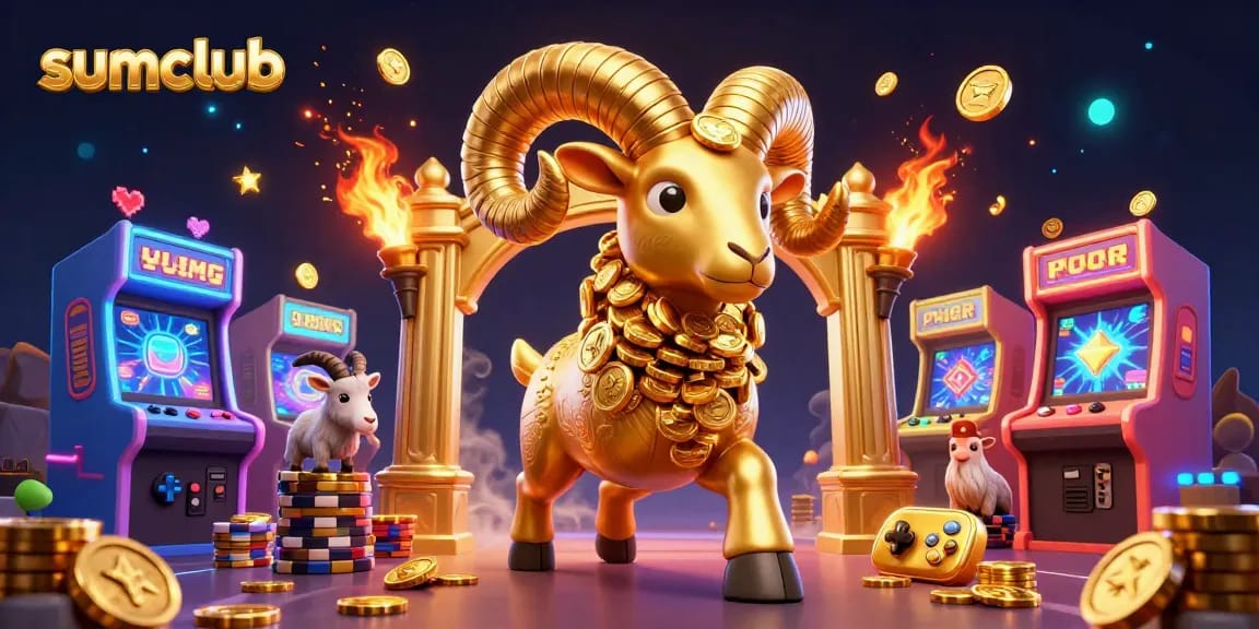 Immerse in sumclub's excitement with a golden ram charging through a casino game scene.